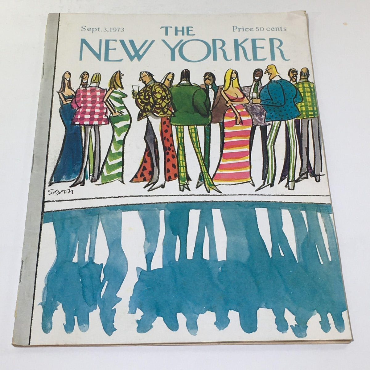 The New Yorker: September 3, 1973 Full Magazine cover illustrated by Charles Saxon, featuring a colorful depiction of elegantly dressed figures at a social gathering, reflecting 1970s fashion.