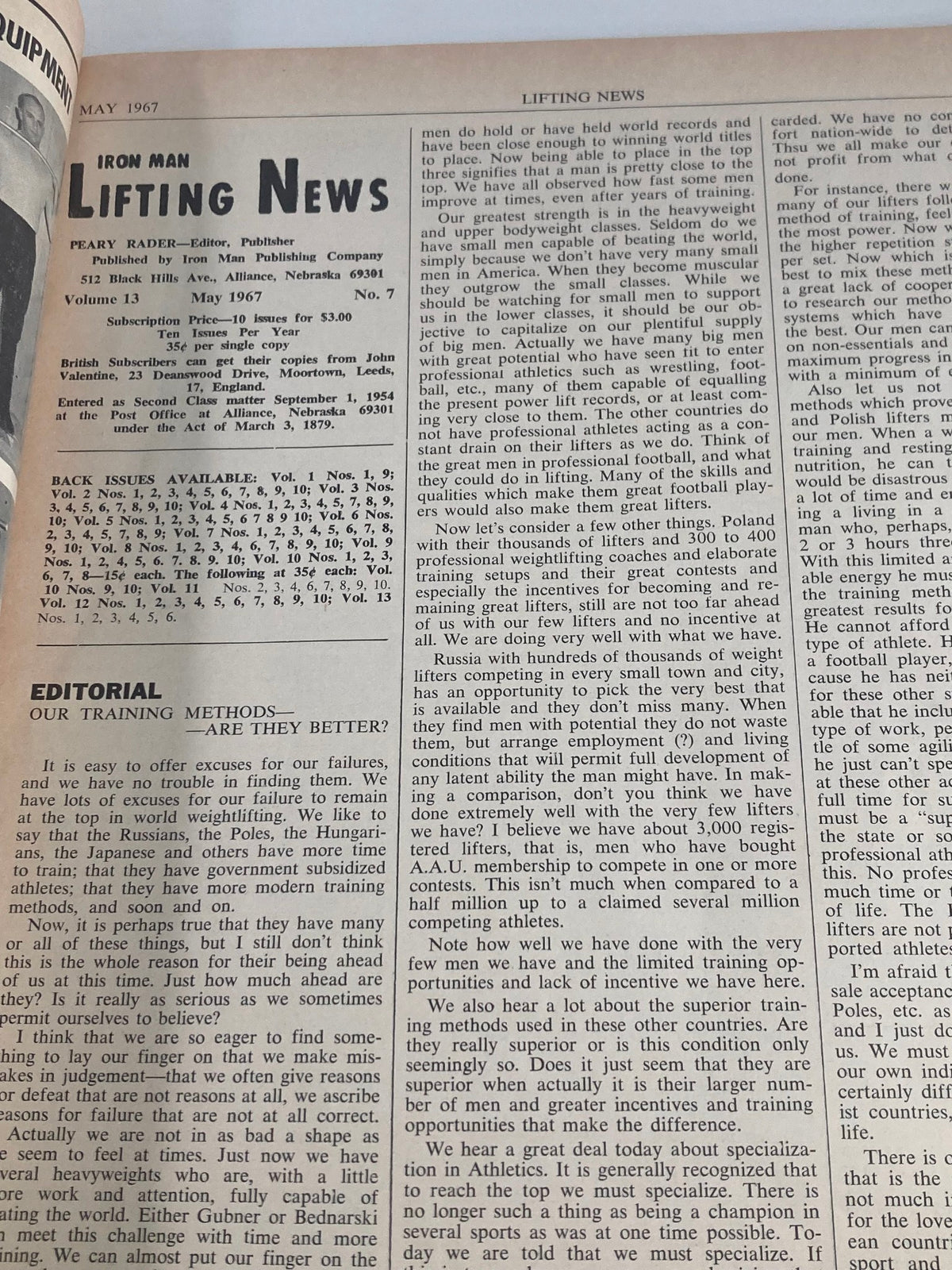 Editorial page of VTG Iron Man Lifting News Vol 13 #7 May 1967 discussing training methods in weightlifting, emphasizing the historical context of athletic development.