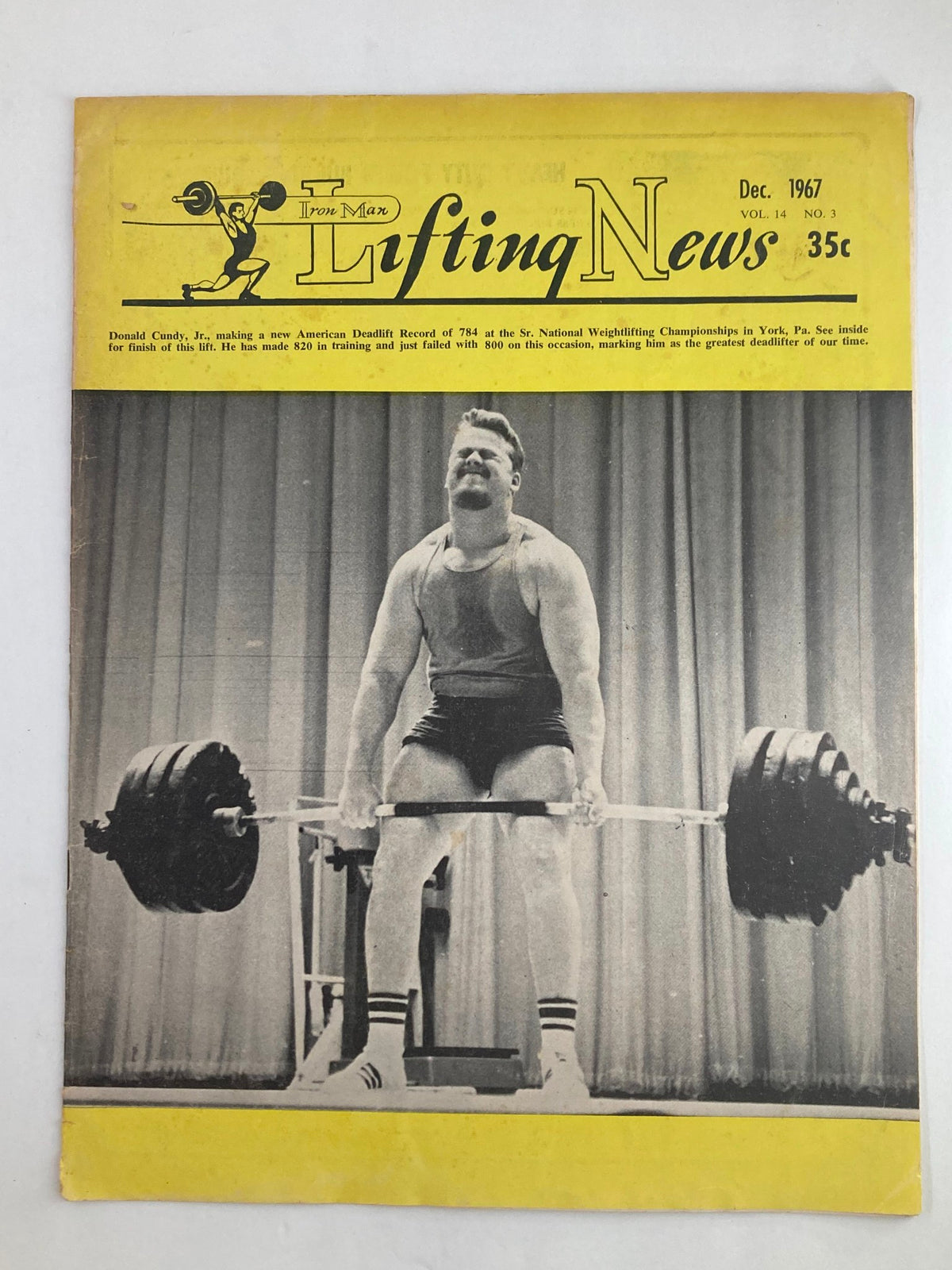 Cover of VTG Iron Man Lifting News Vol 14 #3 December 1967 featuring Donald Cundy Jr lifting weights, showcasing historical weightlifting news.