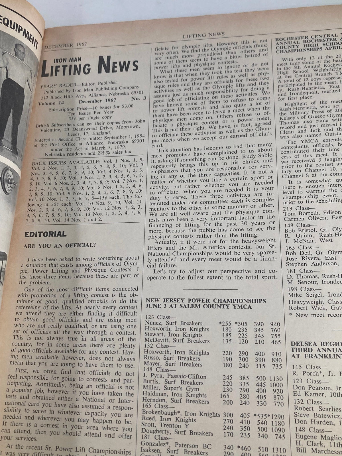 Interior page of VTG Iron Man Lifting News Vol 14 #3 December 1967, displaying editorial and competition listings, significant to the history of weightlifting.