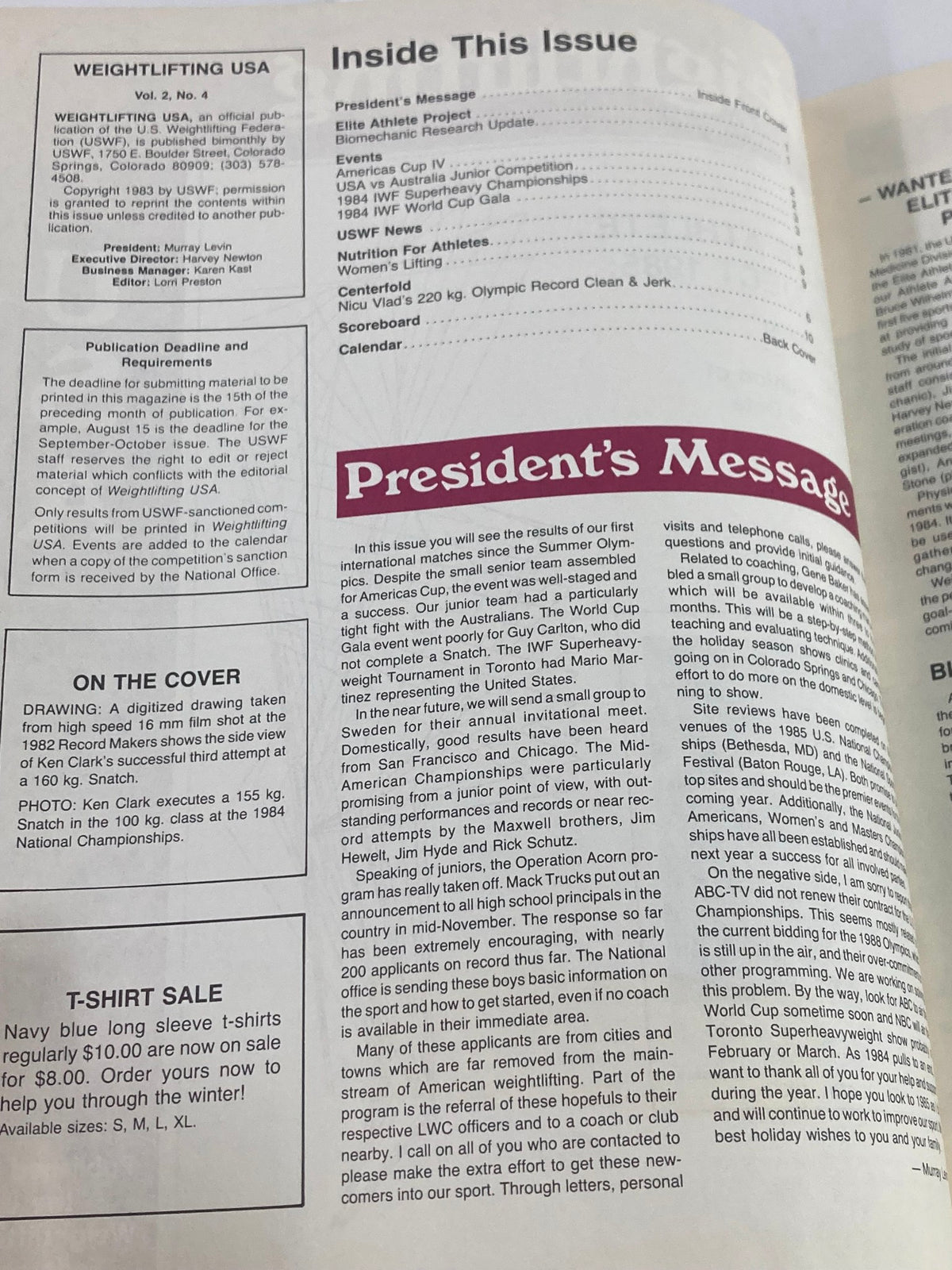 Inside page of VTG Weightlifting USA Magazine Vol 2 #5 1984, including the President's Message and details about upcoming weightlifting events.