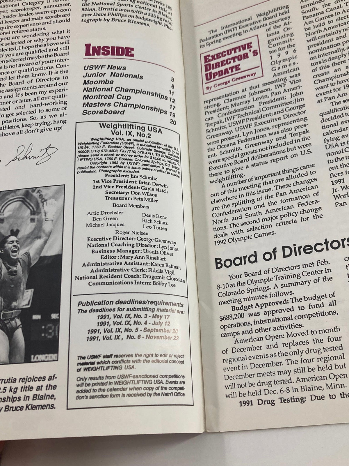 Inside page of VTG Weightlifting USA Magazine Vol 9 #2 1991, displaying the contents and articles related to weightlifting competitions and updates from the U.S. Weightlifting Federation.