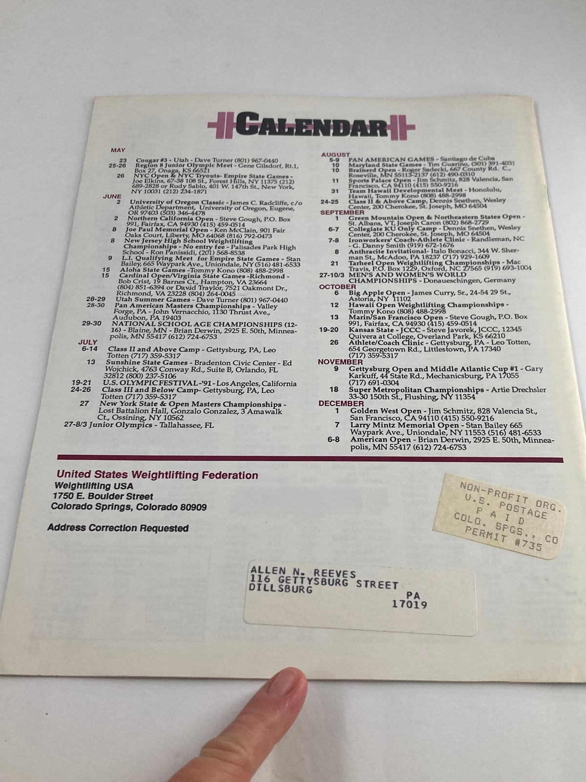 Calendar page from VTG Weightlifting USA Magazine Vol 9 #2 1991 featuring events and details related to weightlifting competitions and activities, showcasing the organizational structure of the sport during that era.