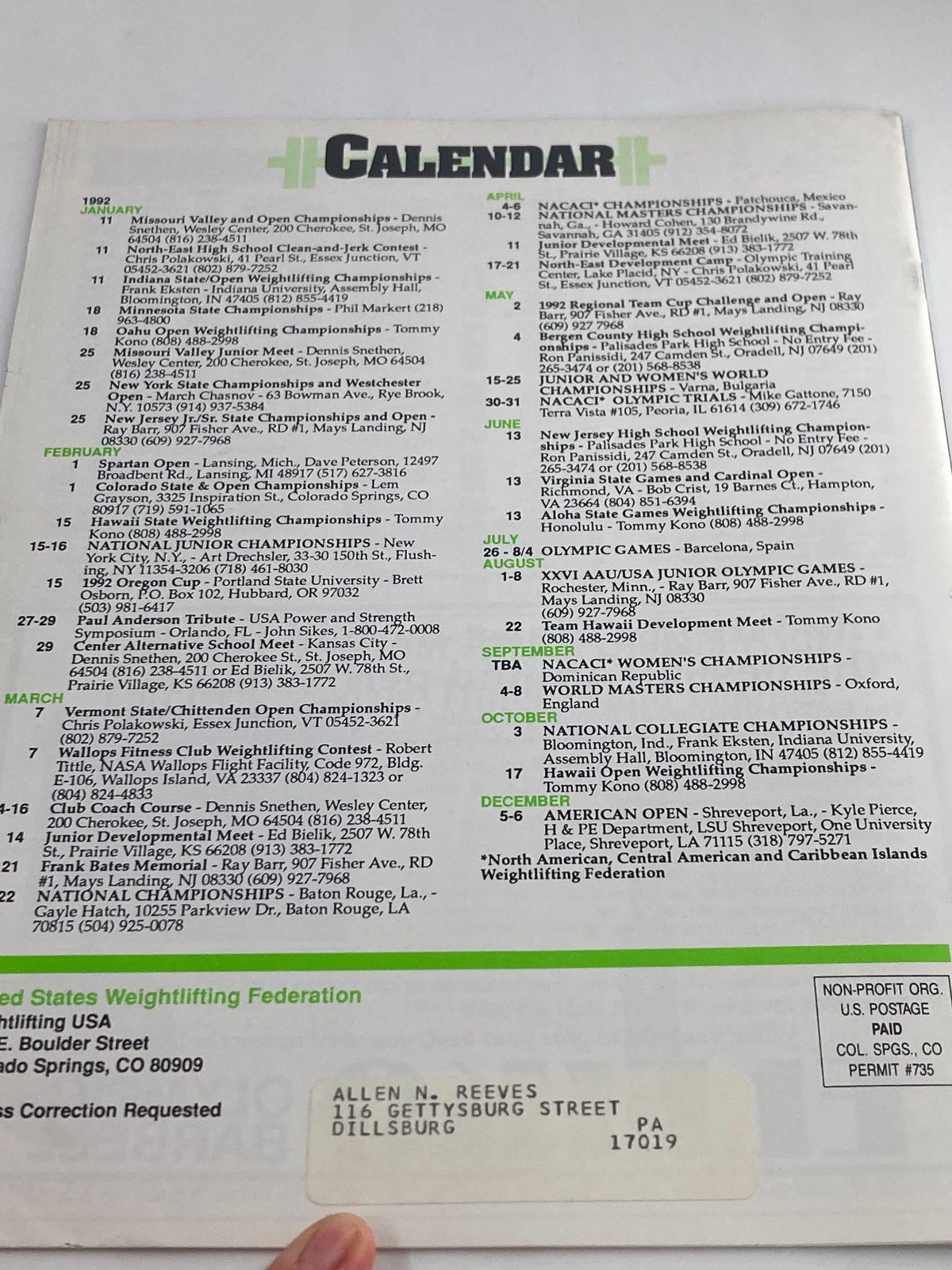 Back cover of VTG Weightlifting USA Magazine Vol 9 #6 December 1991, featuring a calendar of upcoming weightlifting events and deadlines published by the United States Weightlifting Federation.