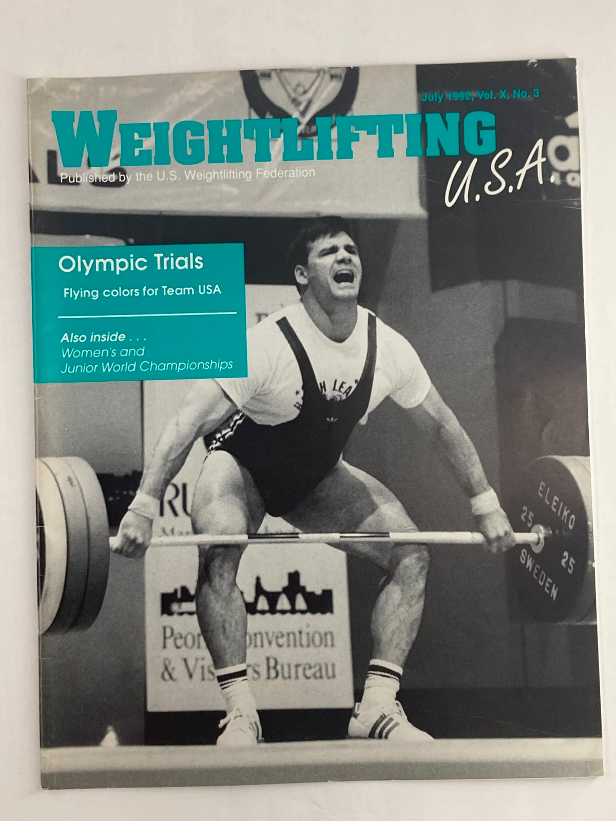 Weightlifting USA Magazine Vol 10 #3 July 1992 cover featuring Olympic Trials for Team USA, highlighting an athlete lifting weights in a dynamic pose.