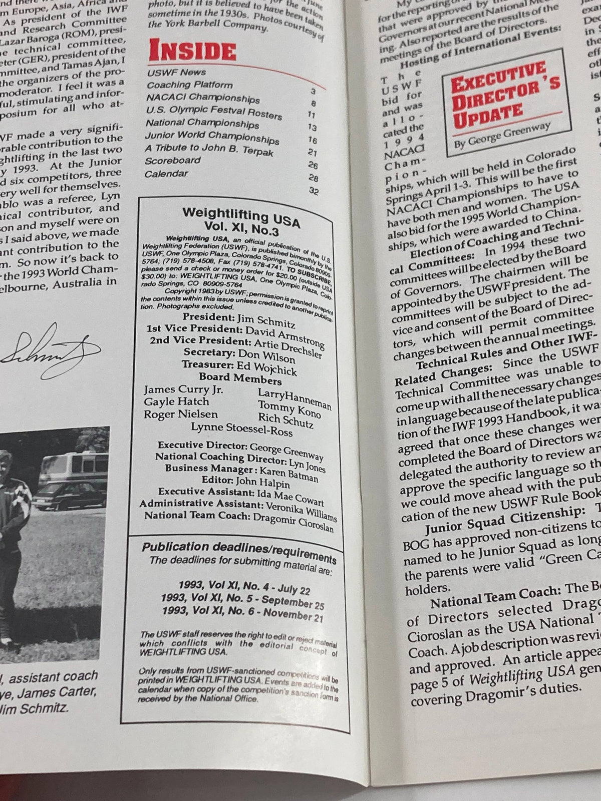 Inside page of Weightlifting USA Magazine Vol 11 #3 July 1993, listing content and editorial updates with details about influential figures in weightlifting.