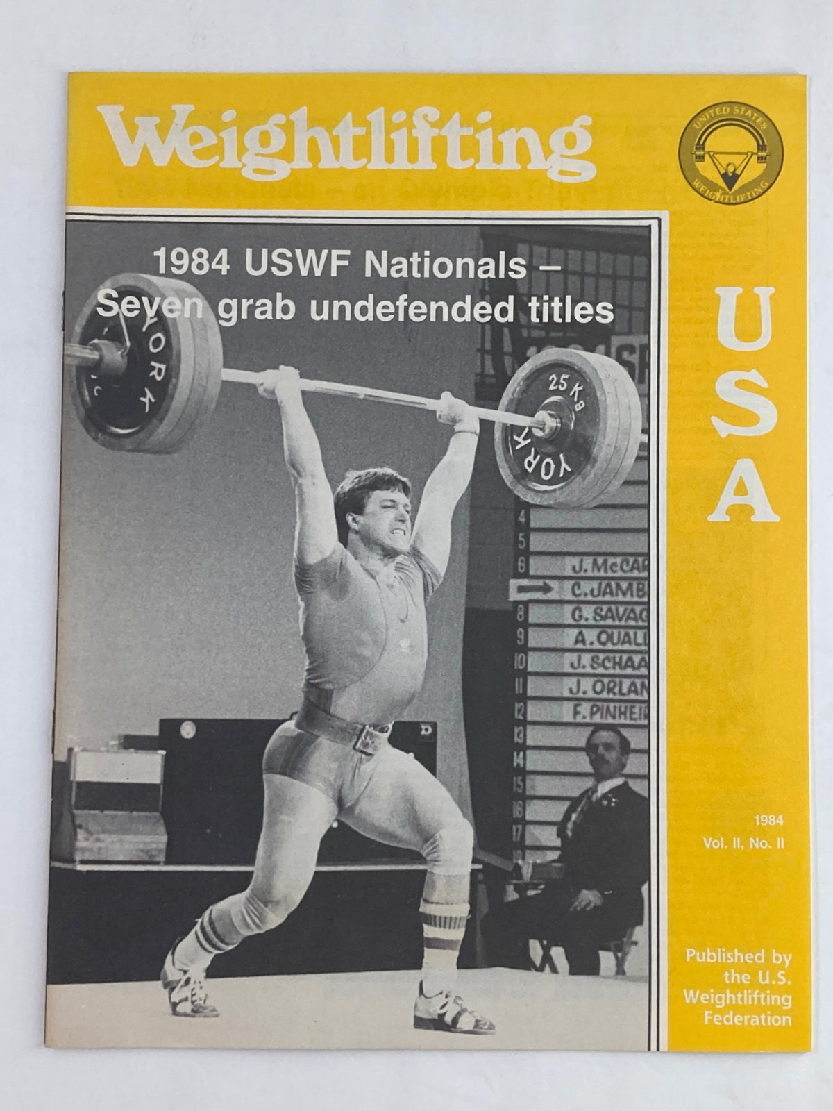 Cover of VTG Weightlifting USA Magazine Vol 2 #2 1984, featuring the 1984 USWF Nationals and showcasing a weightlifter in action with a barbell, highlighting the strength and determination of athletes in this era.