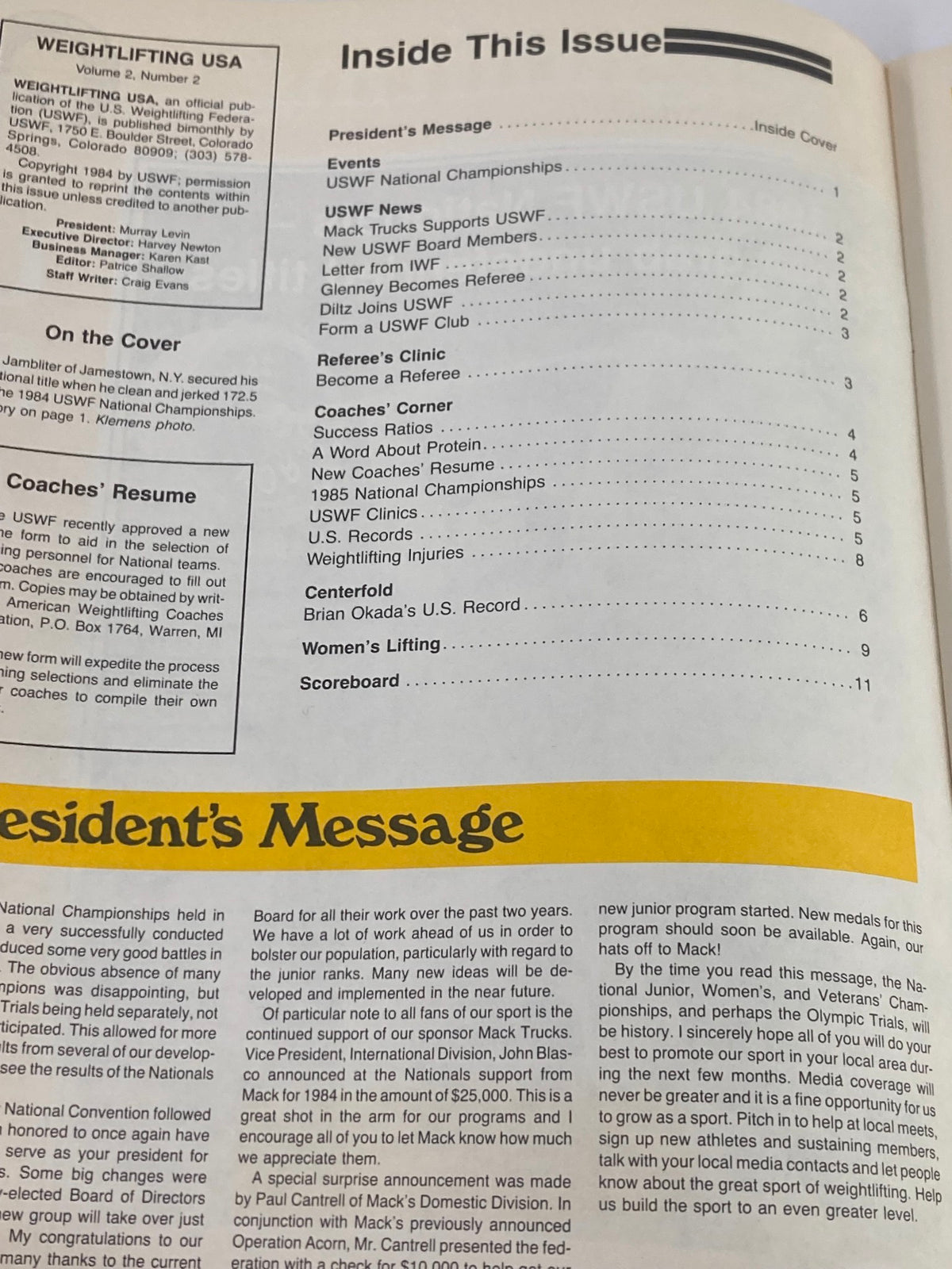 Inside page of VTG Weightlifting USA Magazine Vol 2 #2 1984, displaying the table of contents and articles including President's Message, upcoming events, and features on US record holder Brian Okada.