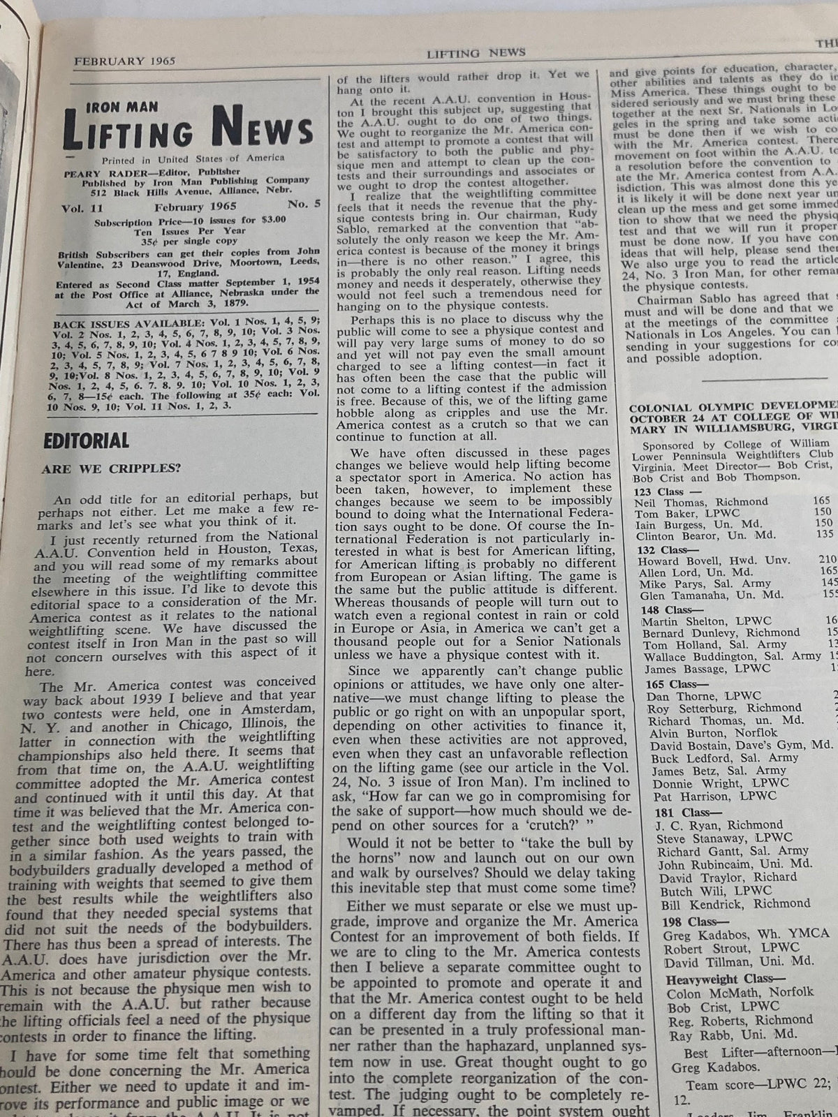 Inside page of VTG Iron Man Lifting News Vol 11 #5 February 1965, containing editorial content discussing weightlifting and the fitness community. This vintage magazine reflects historical perspectives on bodybuilding.