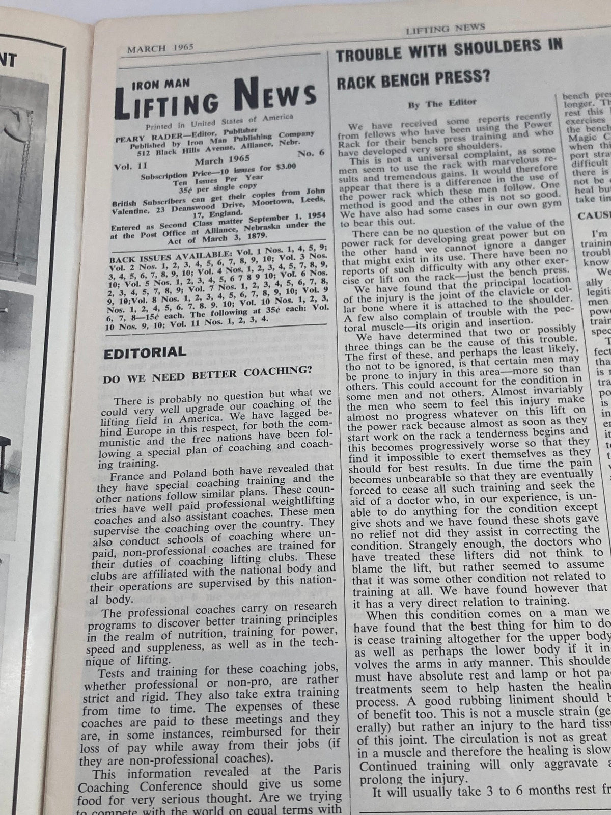Inside page of VTG Iron Man Lifting News Vol 11 #6 March 1965 displaying editorial content discussing coaching and training in weightlifting; highlights the importance of professional coaches in the sport.