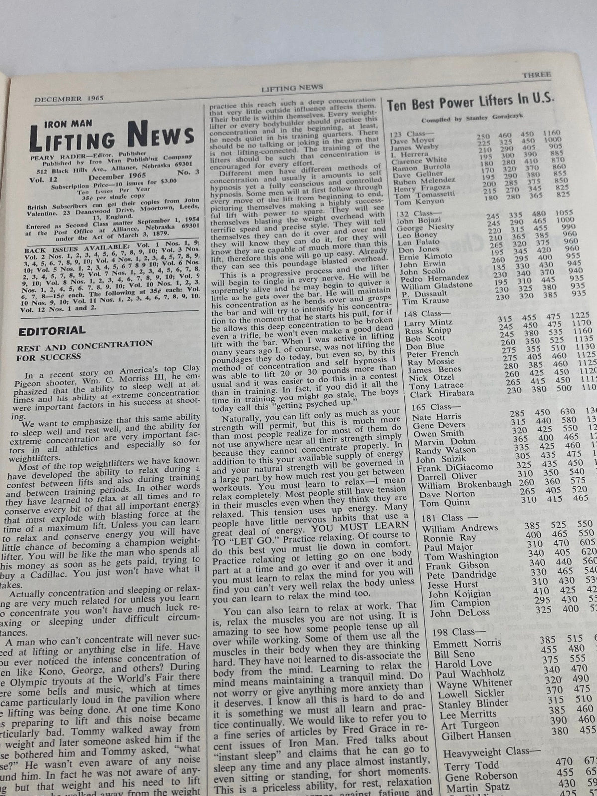 Inside page of VTG Iron Man Lifting News Vol 12 #3 December 1965 showing editorial content about concentration and training for weightlifting, along with a list of the ten best power lifters in the U.S. for that period.