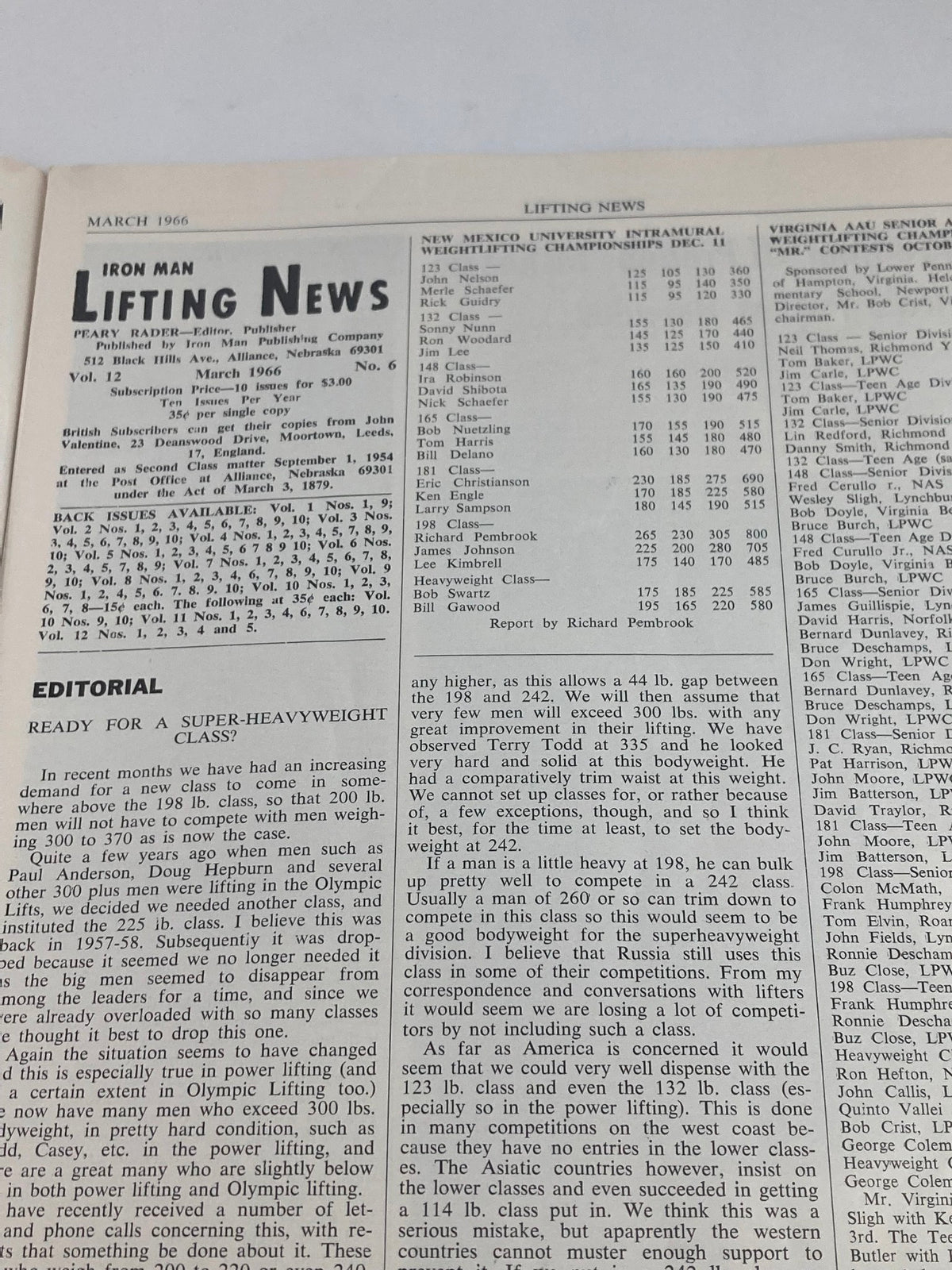 Inside page of VTG Iron Man Lifting News Vol 12 #6 March 1966, displaying editorial content and weightlifting competition results.