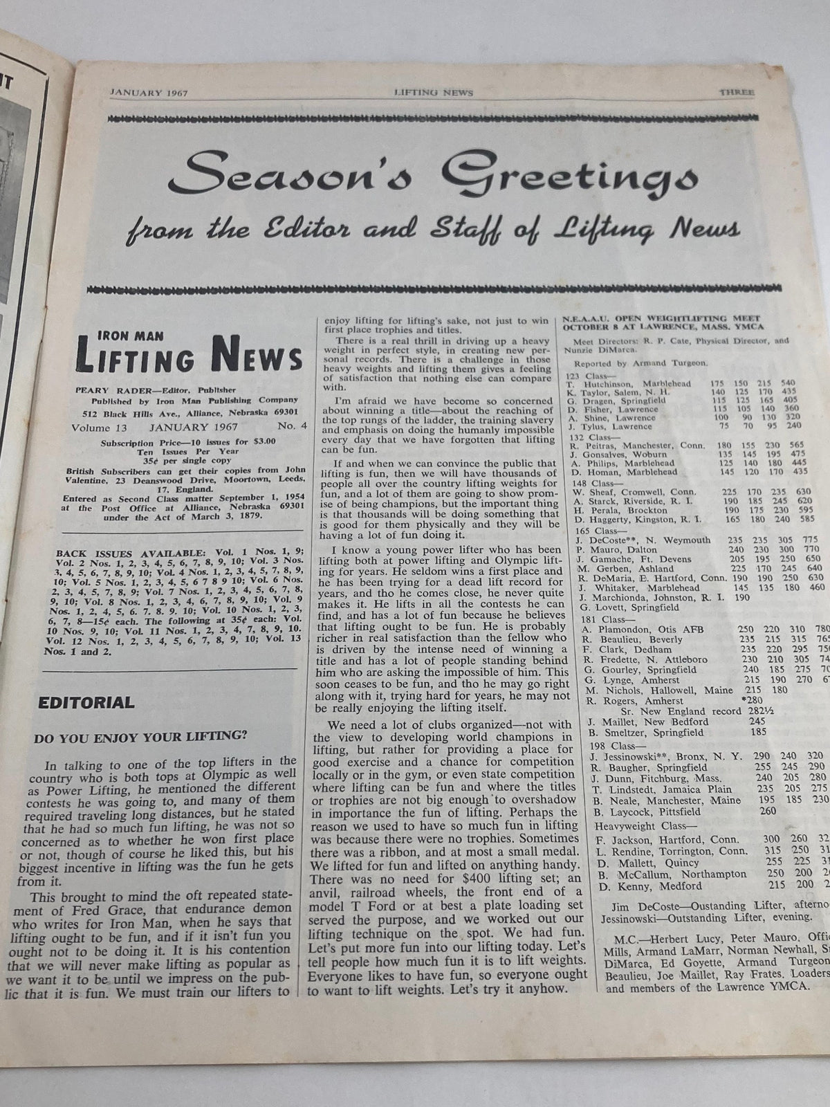 Inside page of the January 1967 issue of VTG Iron Man Lifting News Vol 13 #4, including the editorial section addressing lifting competitions and community engagement.