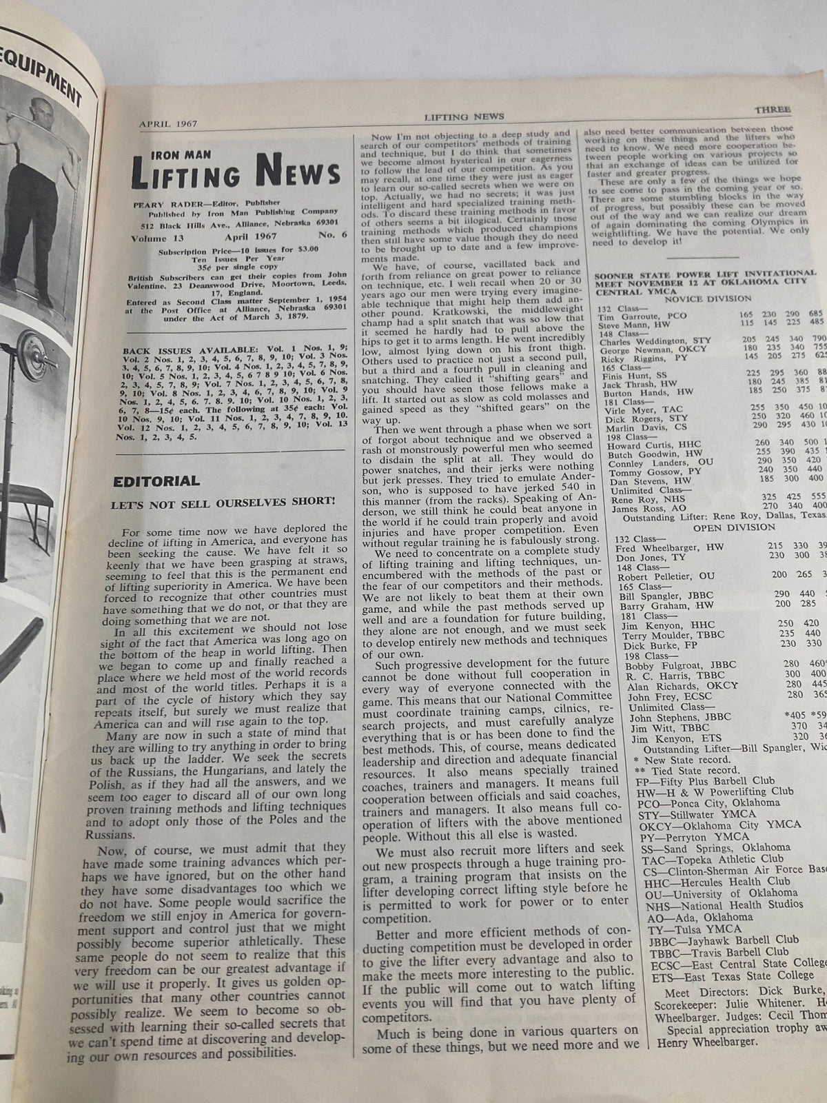 Inside page of VTG Iron Man Lifting News Vol 13 #6 April 1967, featuring an editorial discussing lifting techniques and training methods. The page includes text layout and magazine details.