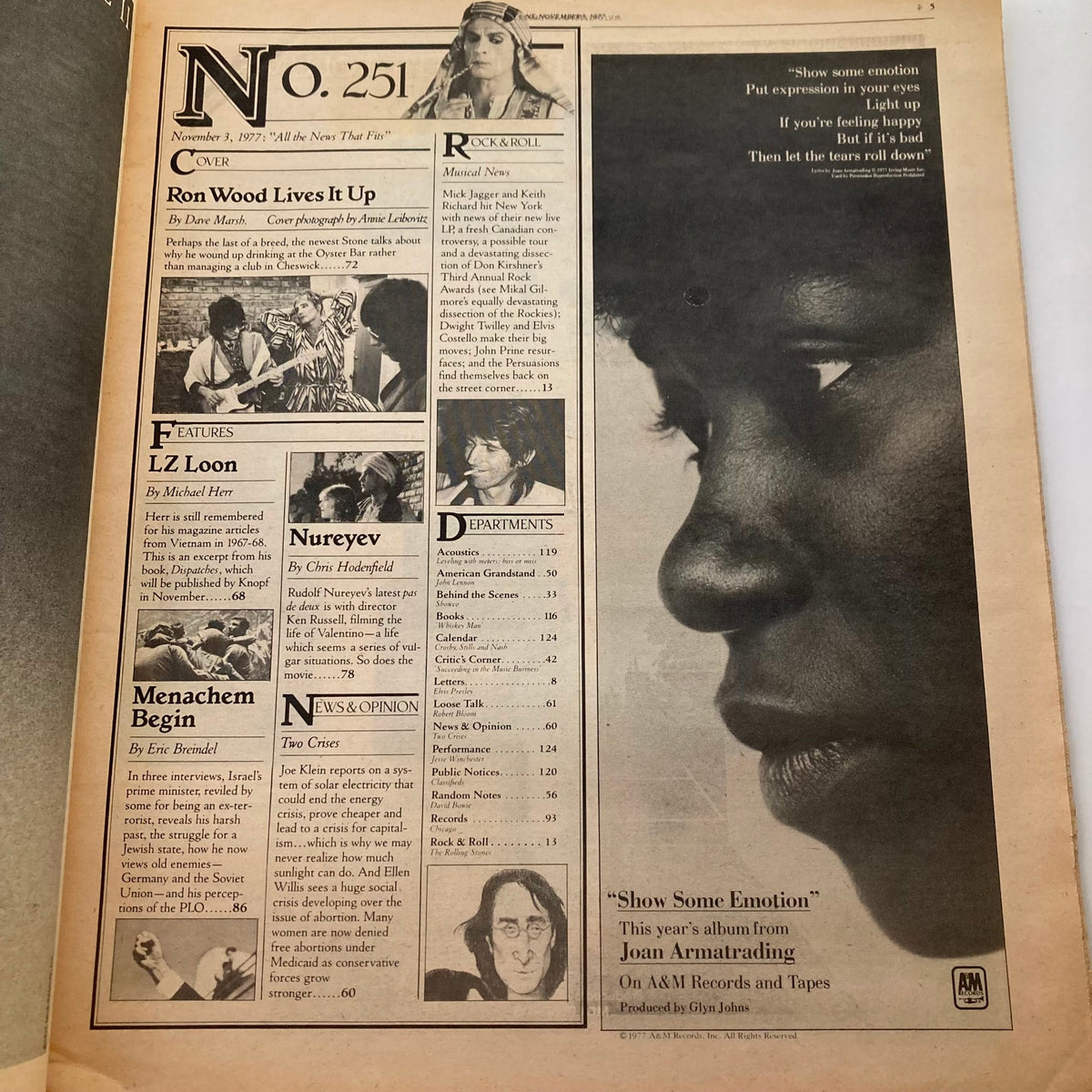 Interior page of Rolling Stone Magazine November 3 1977 Issue 251, displaying the contents and features, including Ron Wood's article and highlights of significant events in music and culture.