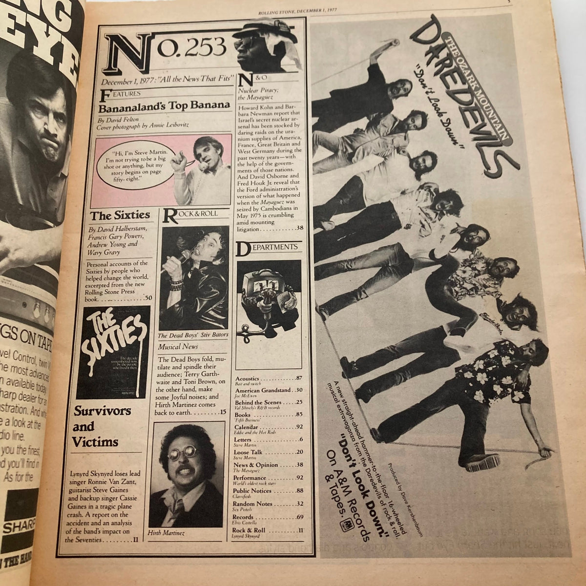 Inside page of the VTG Rolling Stone Magazine December 1, 1977 Issue, displaying Table of Contents and notable features including Steve Martin's 'Bananaland's Top Banana' article.