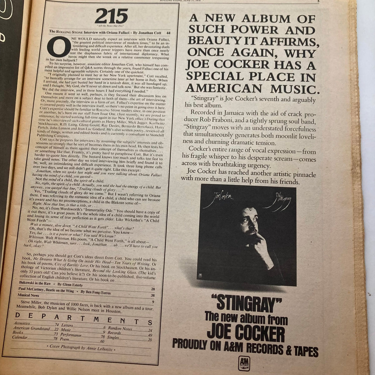 Interior page from VTG Rolling Stone Magazine June 17 1976 Issue 215 featuring an article about Joe Cocker and his album 'Stingray,' showcasing the music industry's evolution in the 1970s.