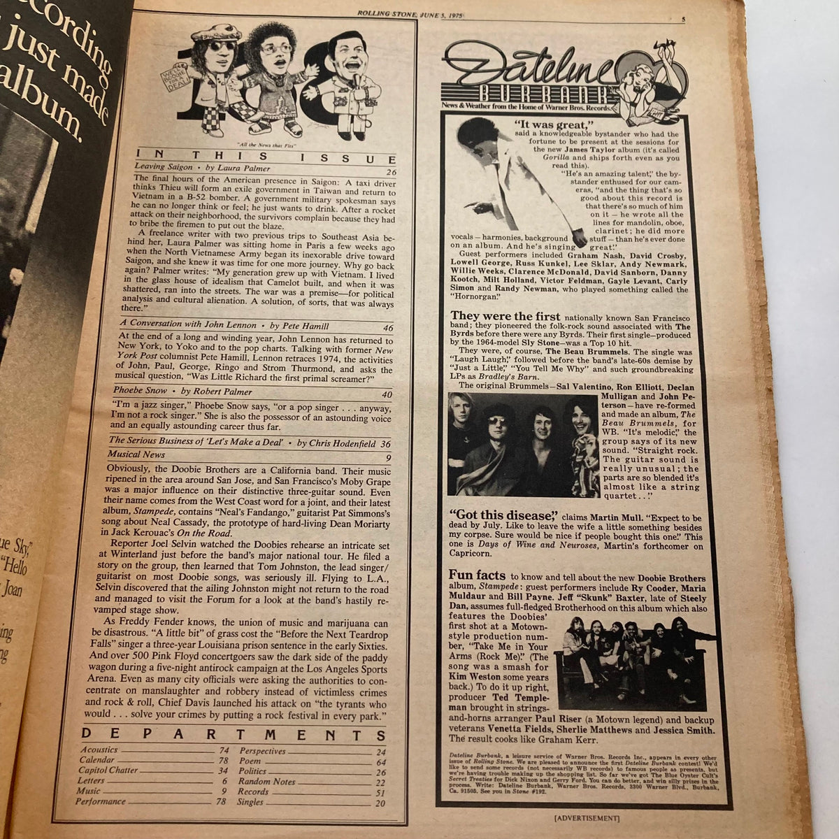 Dateline section from the June 5, 1975 issue of Rolling Stone Magazine Issue 188 featuring notable highlights and articles, including references to popular music trends and artists of the 1970s.