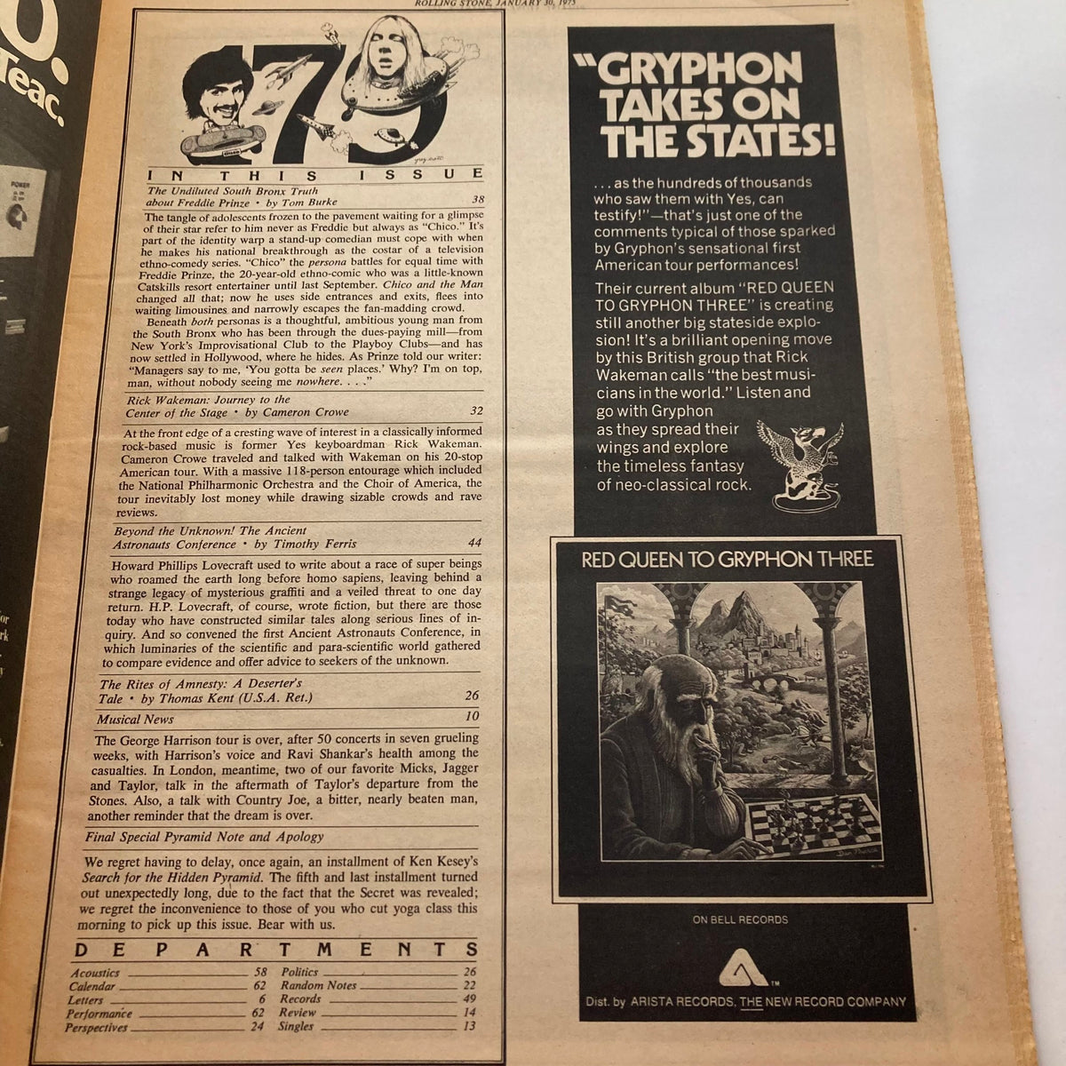Inside page of the Vintage Rolling Stone Magazine January 30 1975 Issue 179 showcasing feature articles including 'The Undiluted South Bronx Truth' and highlights of the era's music and culture.