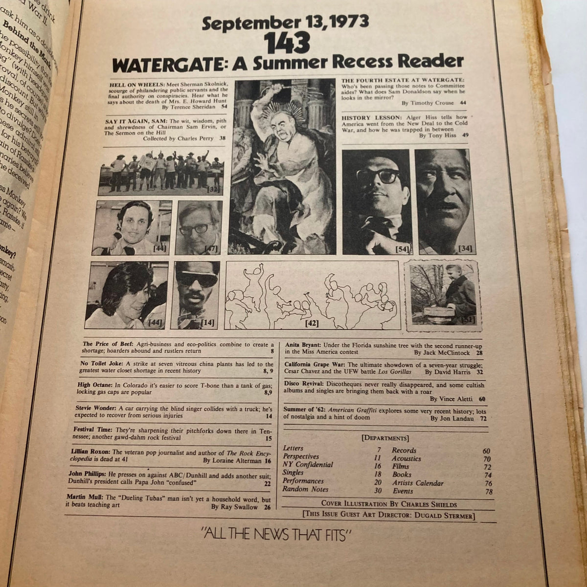 Interior page of Vintage Rolling Stone Magazine, September 13, 1973, Issue 143, showcasing articles about Watergate, including photos and summaries.