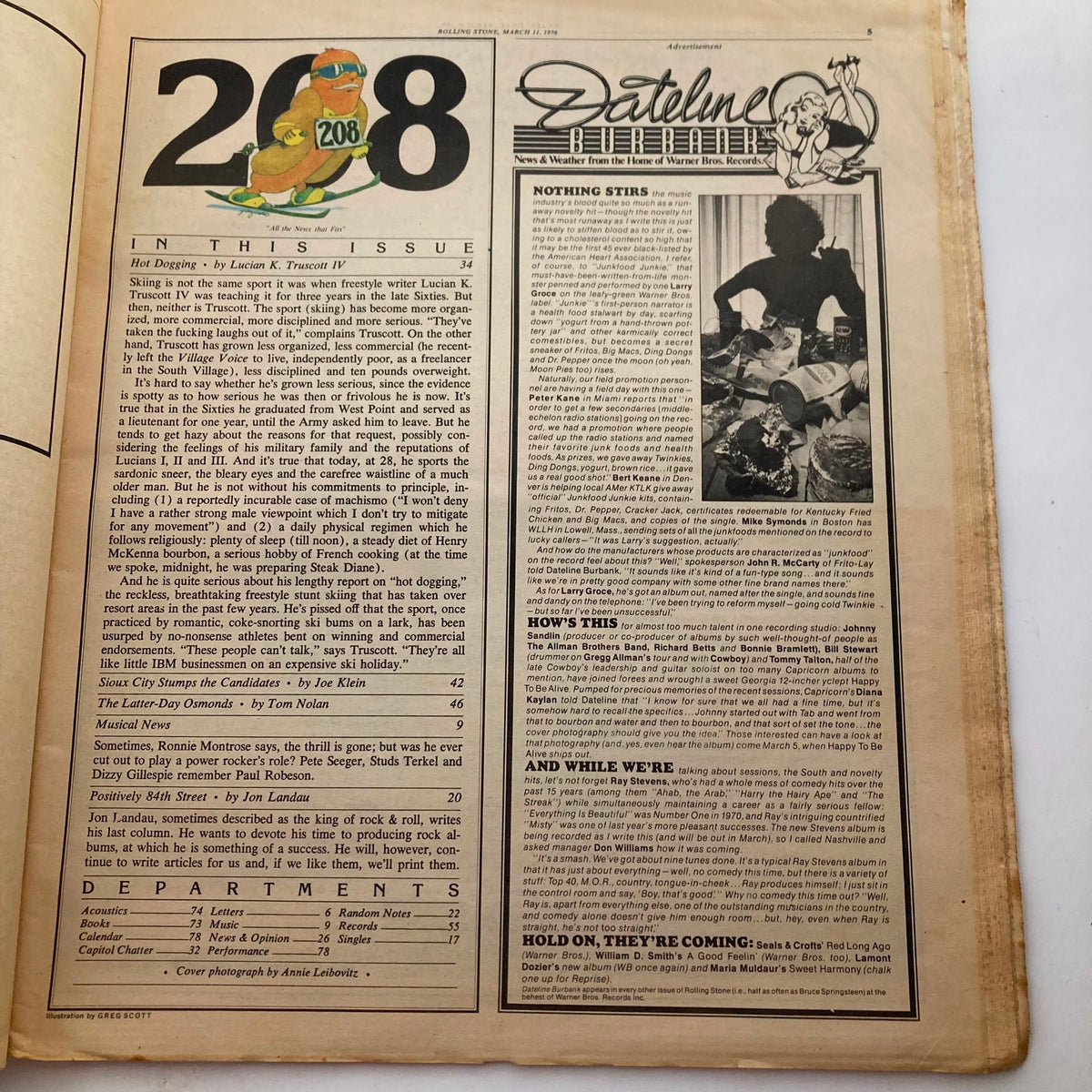Interior page of the VTG Rolling Stone Magazine March 11 1976 Issue 208, featuring a section labeled 'In This Issue' with content highlights including articles about the Latter-Day Osmonds and other notable figures in music.