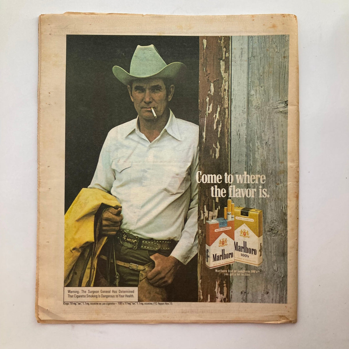 Cover of the VTG Rolling Stone Magazine March 11 1976 Issue 208, showcasing a vintage advertisement with a cowboy figure promoting Marlboro cigarettes, encapsulating 1970s Americana.