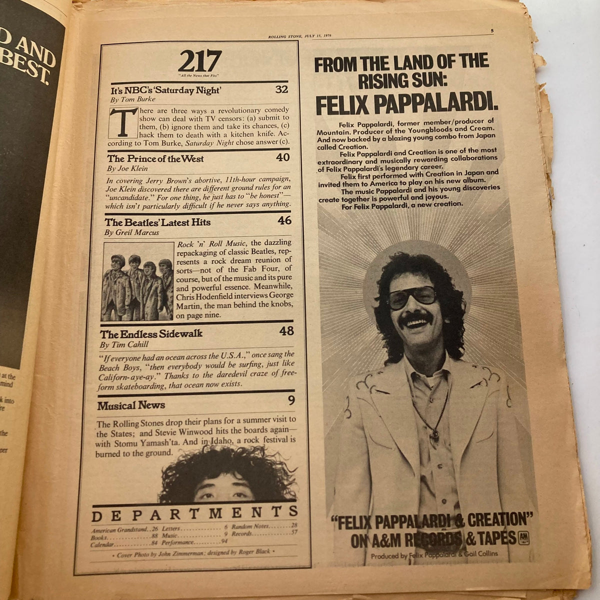 Inside page of Vintage Rolling Stone Magazine July 15, 1976 Issue 217, displaying the table of contents with features on The Beatles and other articles from that era.