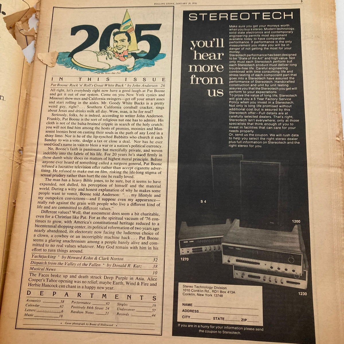 Interior page from the Rolling Stone Magazine January 29, 1976 Issue 205 featuring articles including Pat Boone and music discussions.
