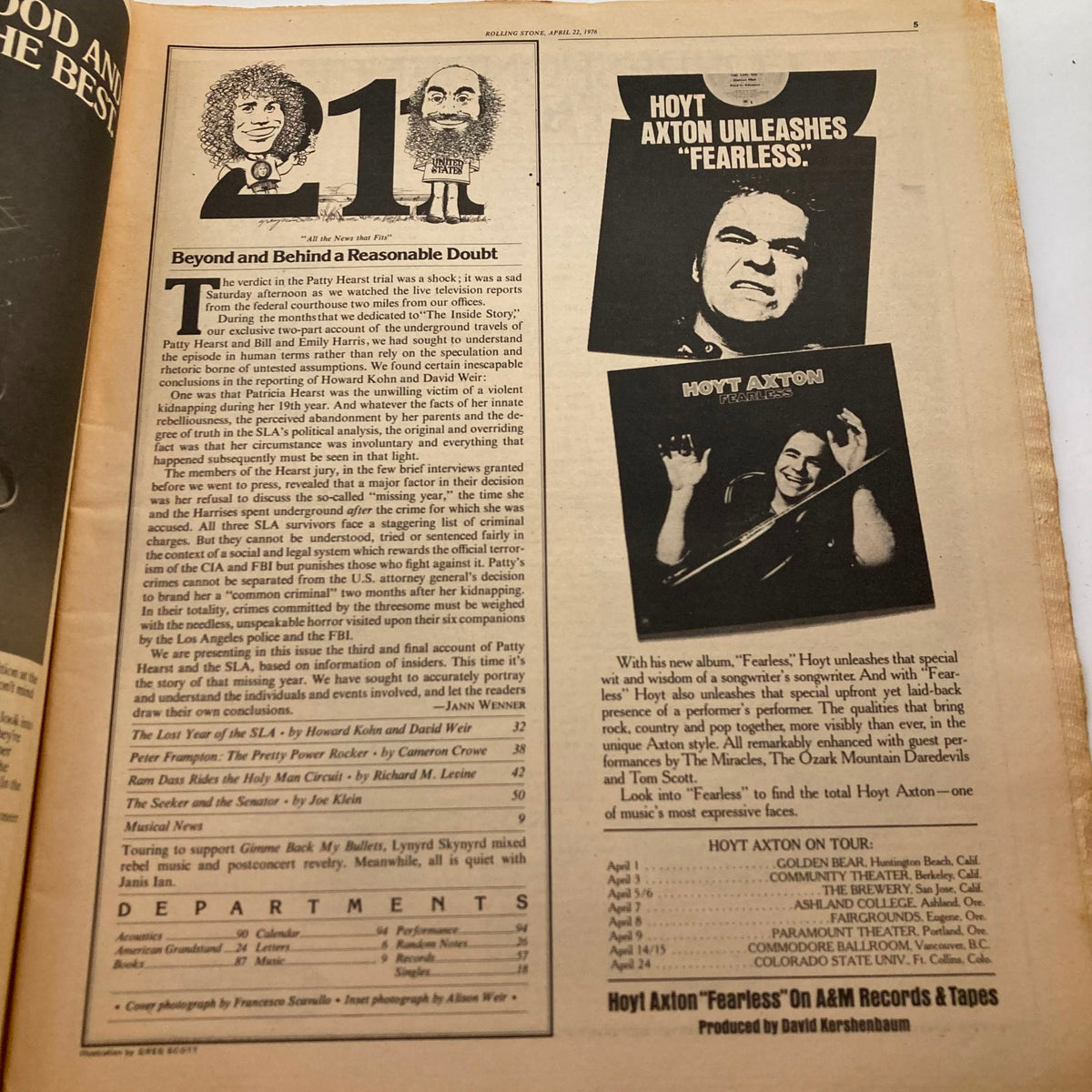 Inside page from the VTG Rolling Stone Magazine April 22, 1976 Issue 211 featuring articles and features related to the music scene, including notable personalities like Hoyt Axton and Peter Frampton. This page captures glimpses of the era’s rock culture.