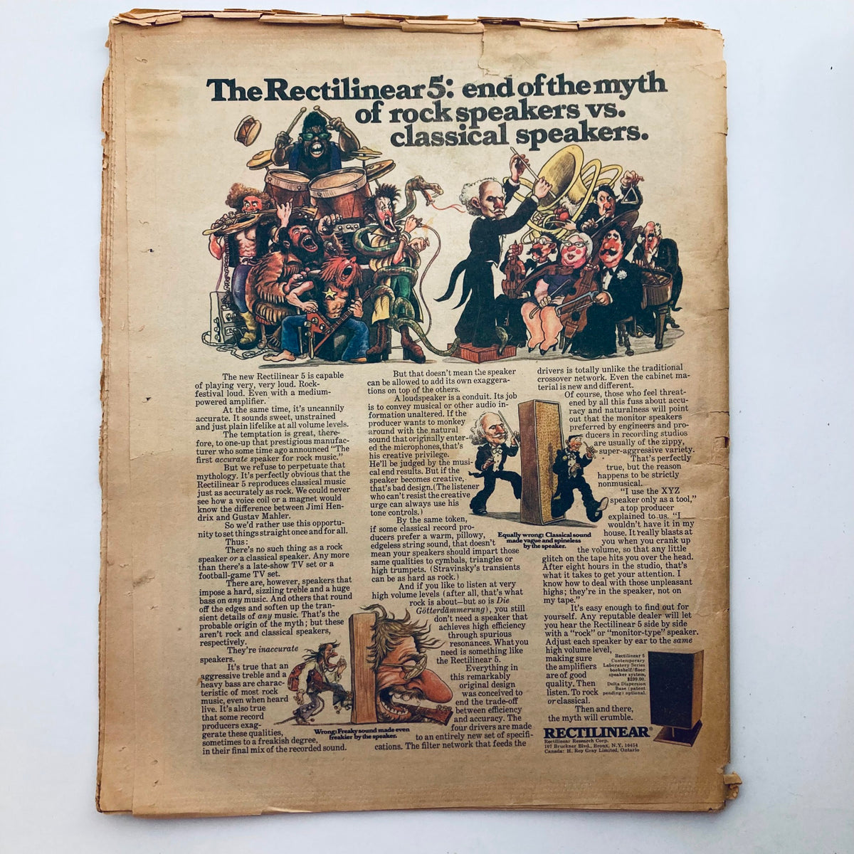 Back cover of the VTG Rolling Stone Magazine September 12, 1974 Issue 169 showcasing the Rectilinear 5 speaker advertisement, highlighting the debate between rock and classical speakers.