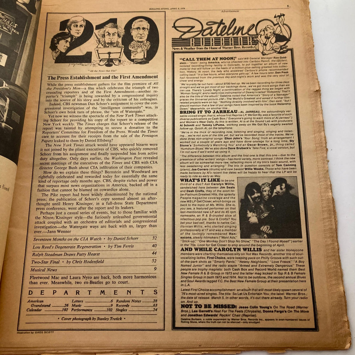 Interior page of the VTG Rolling Stone Magazine April 8, 1976 Issue 210 featuring articles and advertisements along with a Dateline section.