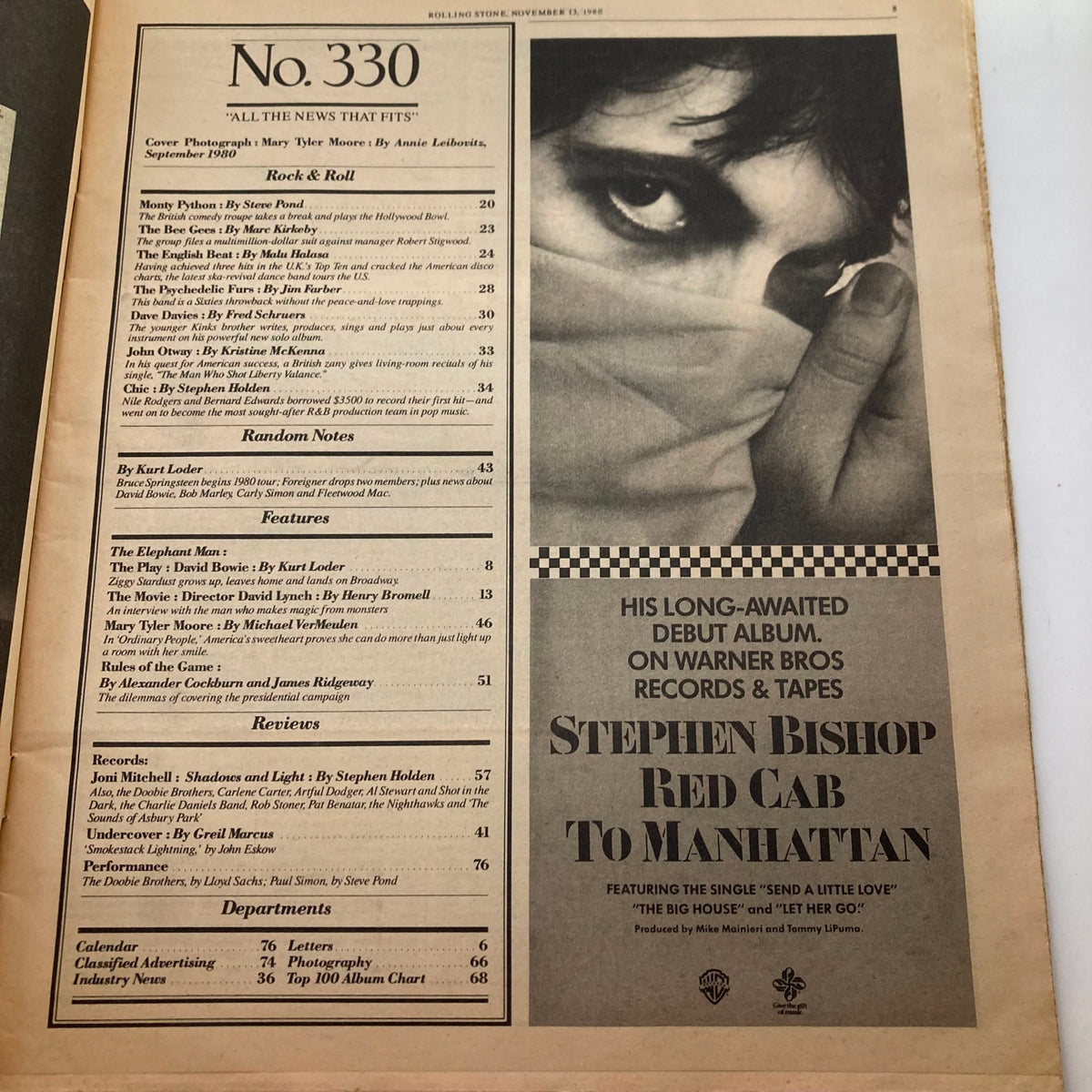 Inside page of the Rolling Stone Magazine November 13, 1980, Issue 330, displaying the table of contents and features including Mary Tyler Moore.