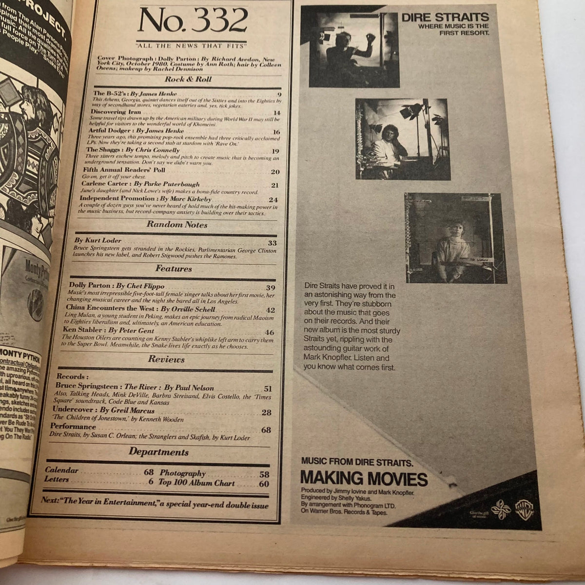 Inside the VTG Rolling Stone Magazine December 11, 1980 Issue 332 displaying the table of contents, highlighting articles including Dolly Parton and music reviews.