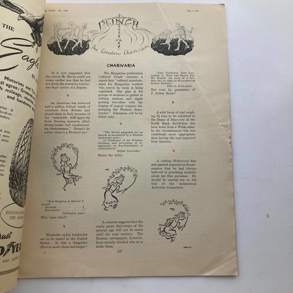 Another interior page of Punch Magazine May 2, 1951, featuring satirical articles and whimsical drawings, capturing the essence of historical humor.