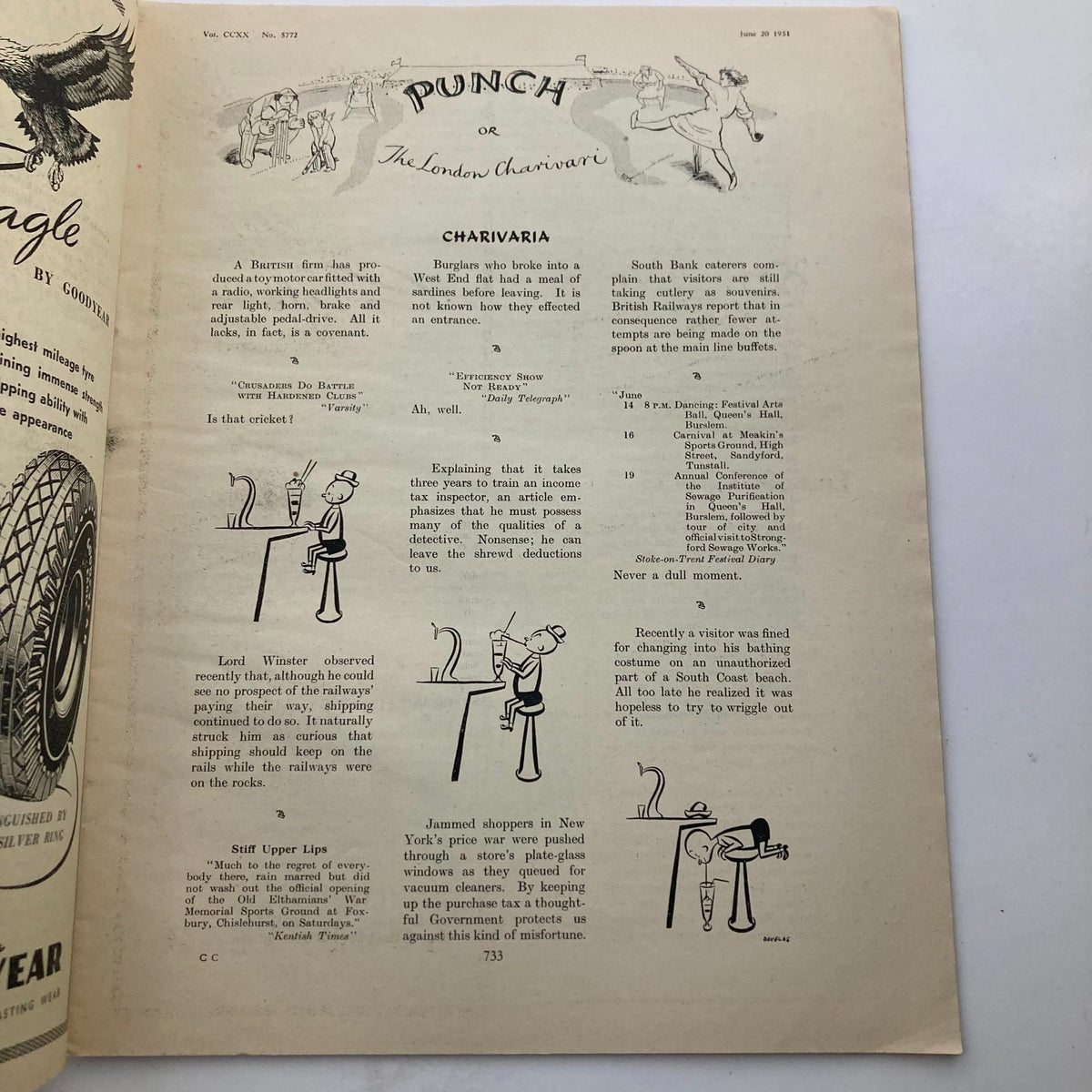 Interior page of Punch Magazine June 20, 1951, Vol 220 No. 5772 featuring humorous text and illustrations, capturing clever commentary and satire typical of the vintage publication.