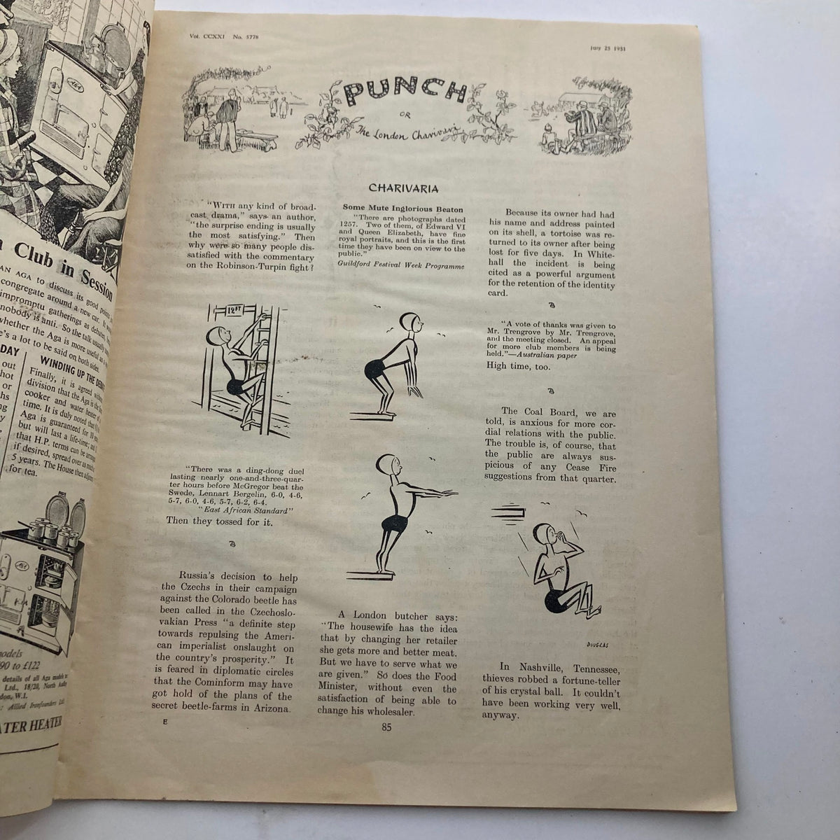Interior page of Punch Magazine, July 25, 1951, Vol 221 No. 5778 displaying humorous content and illustrations, reflecting mid-century comedic styles.