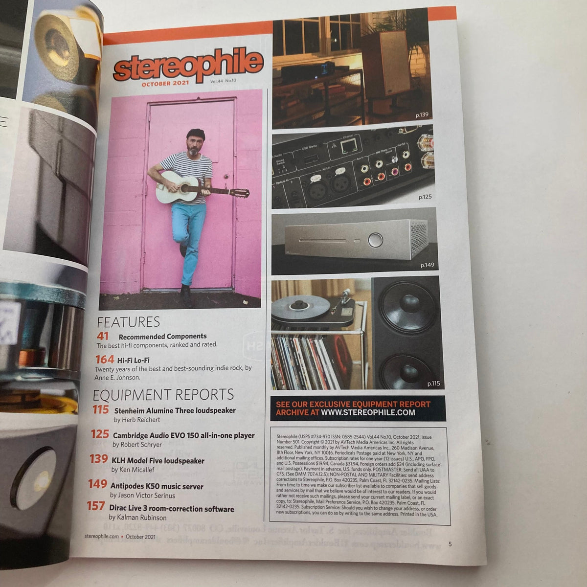 Interior page of Stereophile Magazine - October 2021 Edition showcasing featured articles and product reviews related to high-fidelity audio systems.