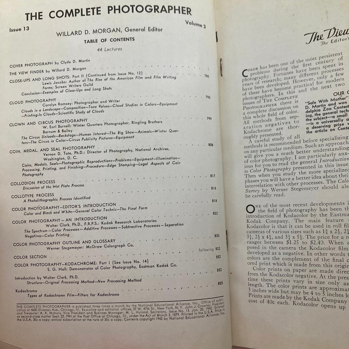 The Complete Photographer Magazine January 20 1942, featuring a table of contents from Volume 3, Issue 13, highlighting cloud photography and various photography lectures.