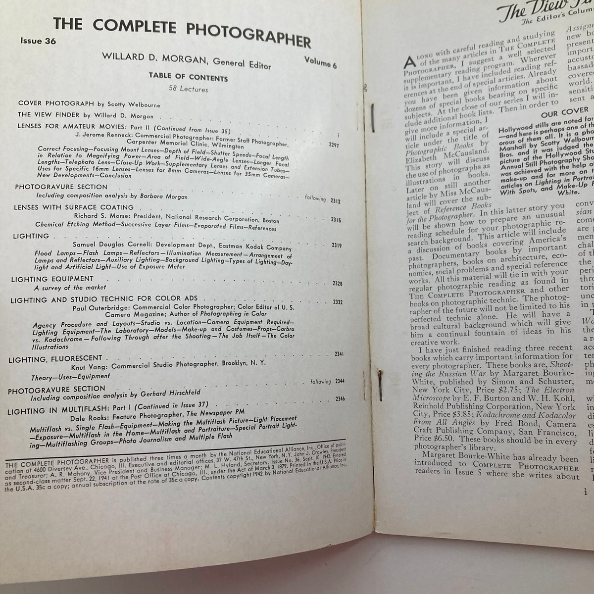 Interior page of The Complete Photographer Magazine September 10, 1942, displaying the table of contents and articles related to lenses with surface coatings and lighting techniques.