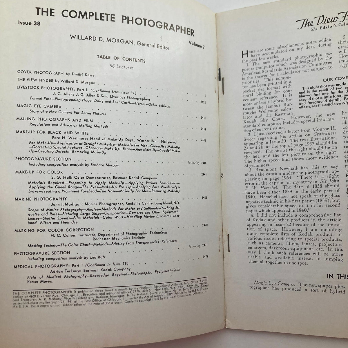 Interior page of The Complete Photographer Magazine September 30, 1942 showcasing the table of contents, listing various photography topics including marine photography, makeup for color, and medical photography.