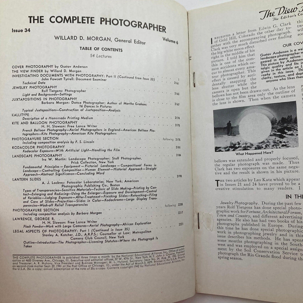 Inside page of The Complete Photographer Magazine Issue 34, featuring the table of contents and discussions on photography techniques, dated August 20, 1942.