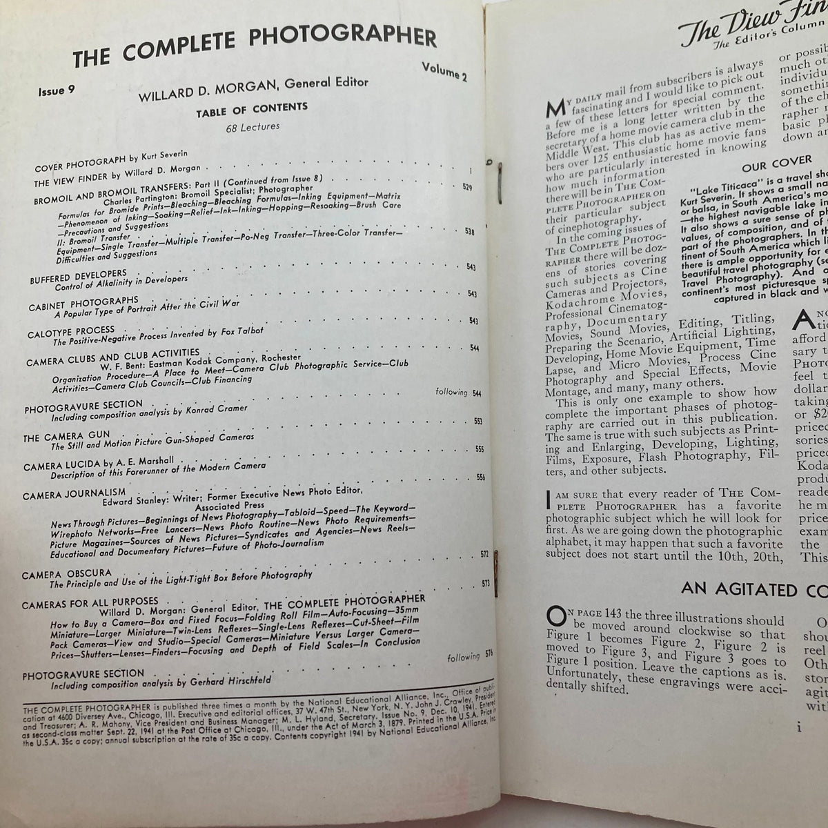 Table of contents from The Complete Photographer Magazine, December 10, 1941, detailing articles on photography, including Camera Clubs, photographic techniques, and more.