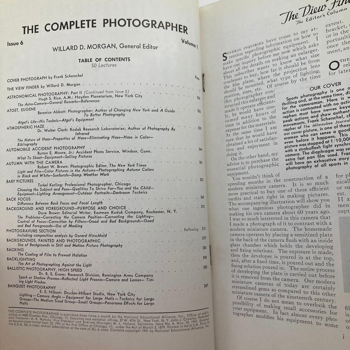 Interior page of The Complete Photographer Magazine November 10, 1941, displaying the table of contents, highlighting articles on various photography topics, including works by Eugene Atget.
