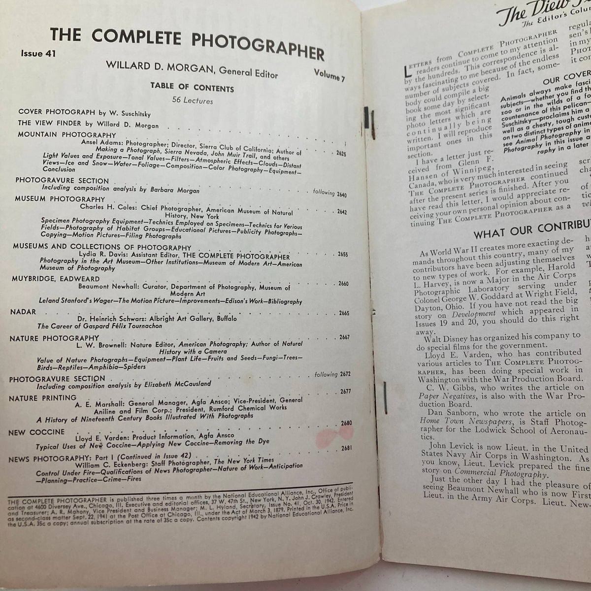Open pages of The Complete Photographer Magazine from October 30, 1942, featuring the Table of Contents and articles related to photography, including nature printing.