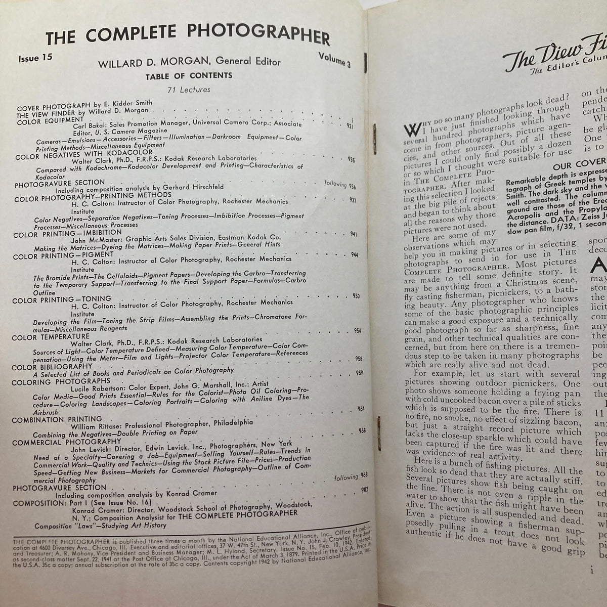 Inside pages of The Complete Photographer Magazine February 10 1942, showcasing the table of contents with articles on color photography and related techniques, reflecting the historical context of photography during the 1940s.