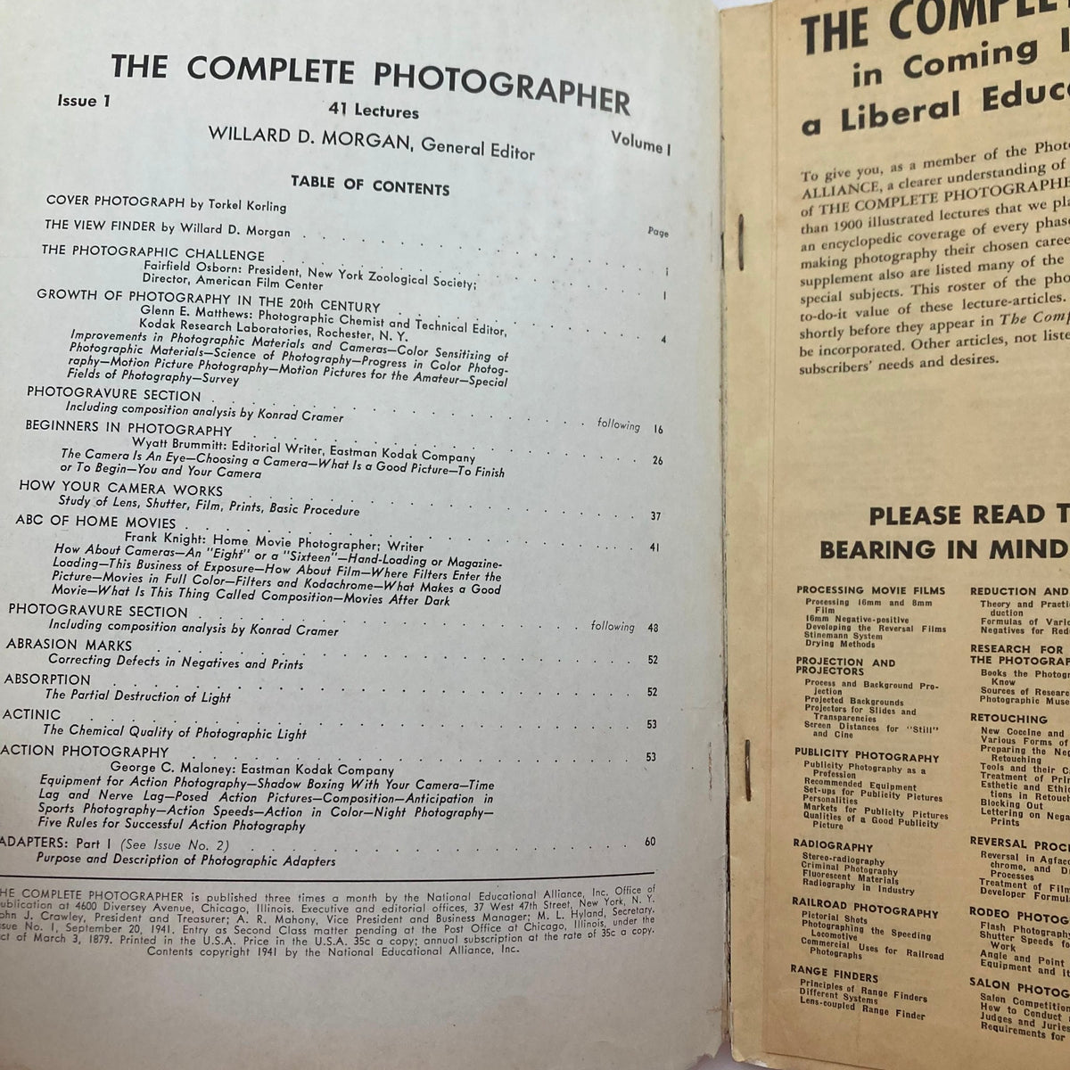 Table of contents from The Complete Photographer Magazine, September 20, 1941 outlining photography topics and articles from the first issue.
