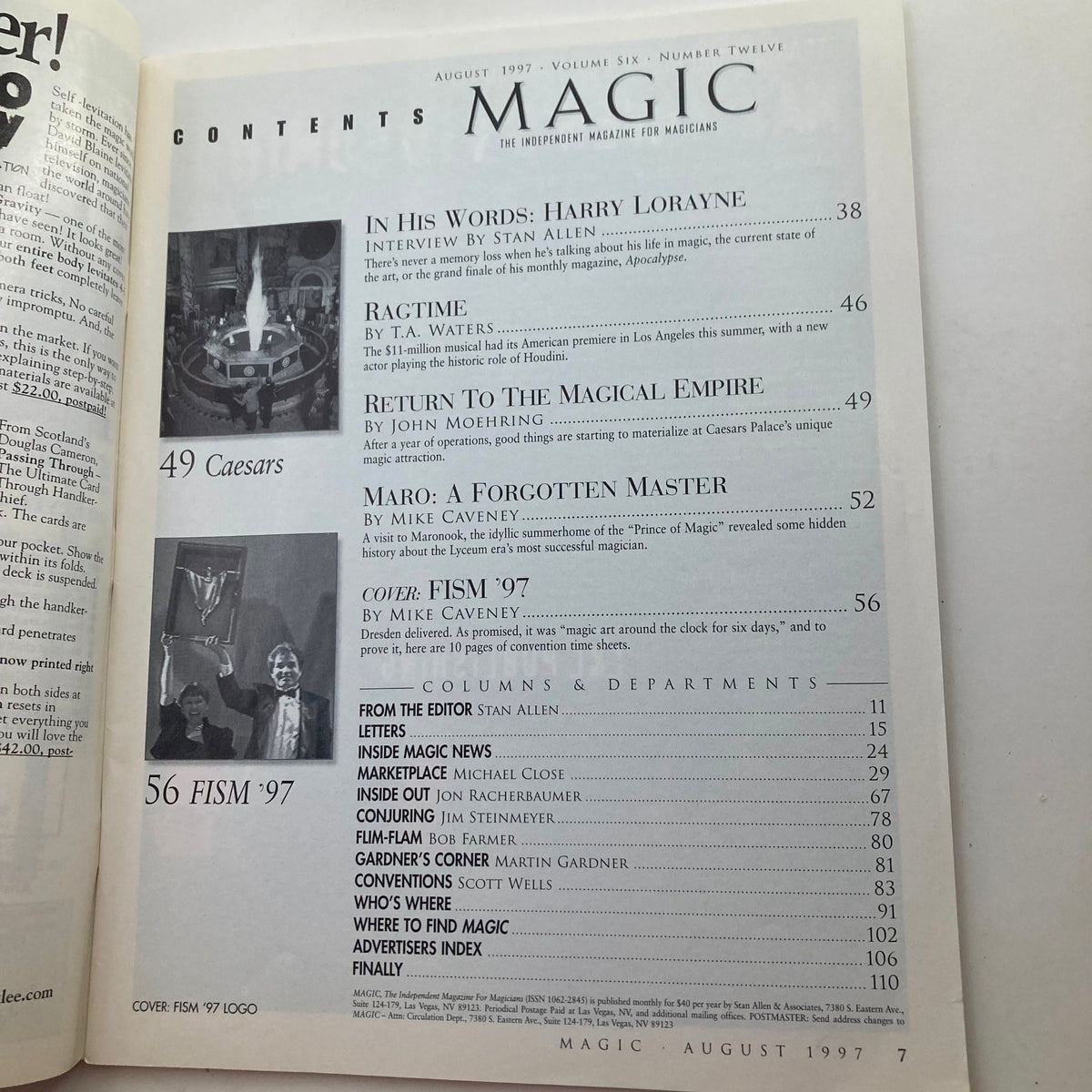 Contents page of VTG Magic Magazine for Magicians, August 1997, showcasing articles and features including FISM 1997 logo, editorial sections, and highlights of notable magicians in the issue.