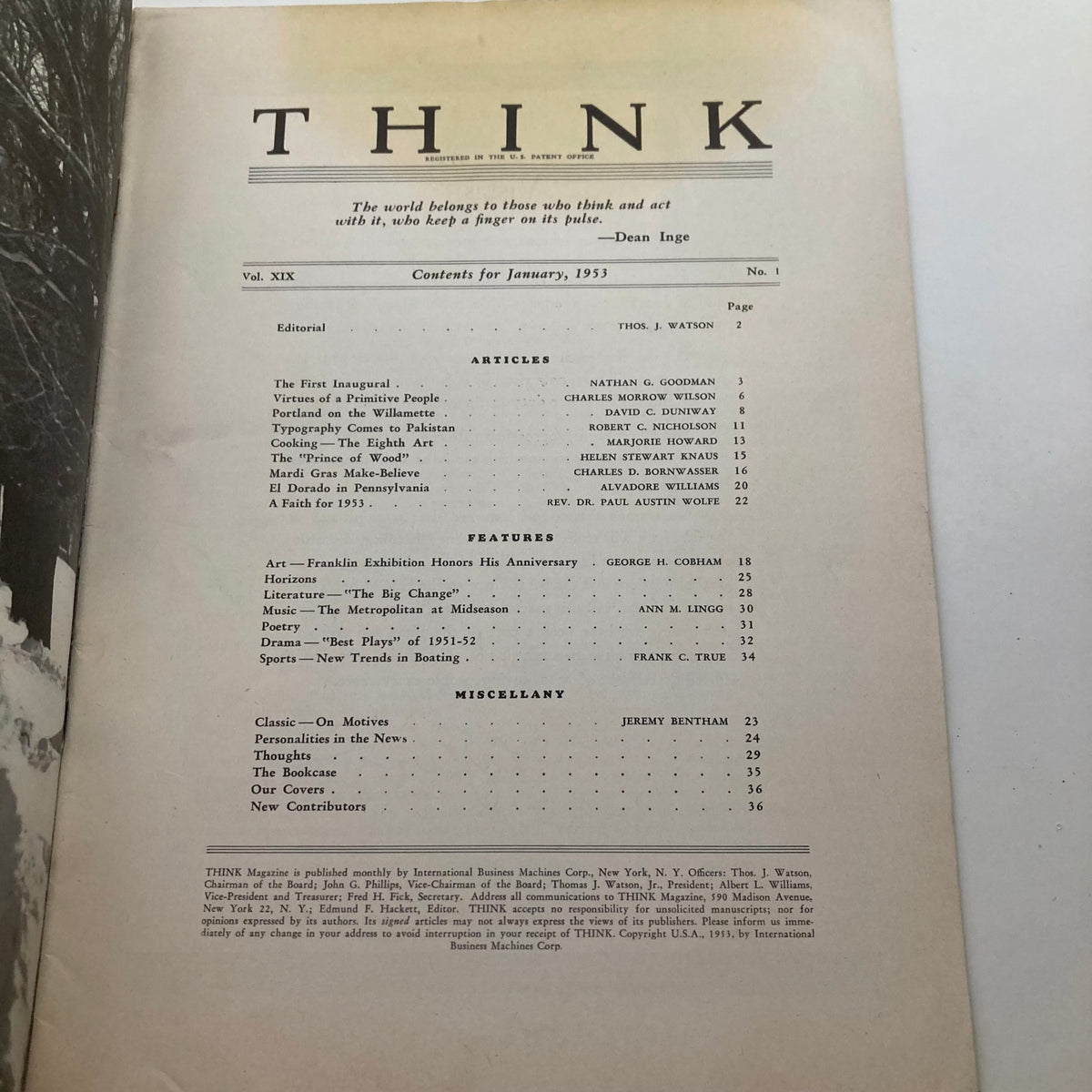 Inside page of VTG Think Magazine January 1953, displaying the table of contents with articles and features, showcasing the rich content of this inaugural issue.