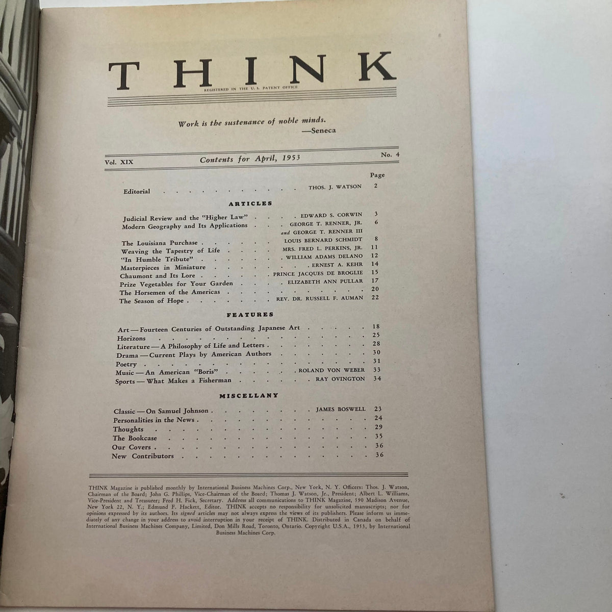 Table of contents page from VTG Think Magazine April 1953 Vol 10 No. 4, listing articles and features including 'The Louisiana Purchase'.