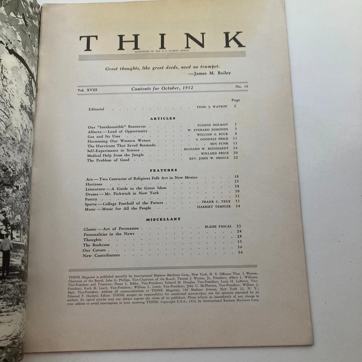 Vintage Think Magazine October 1952 Contents Page, Volume 18 No. 10, featuring articles on gas usage and various topics from that era, showcasing the magazine's editorial content and features.